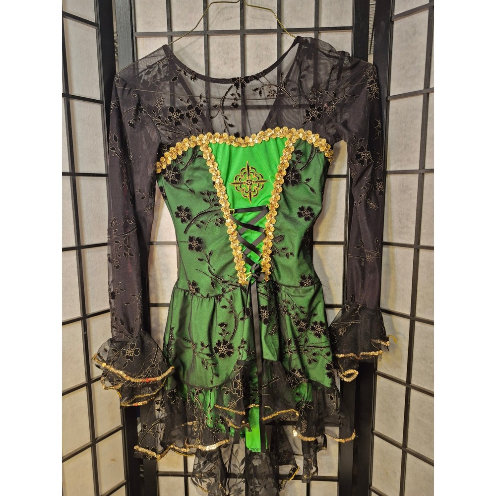 Dansco Fina Green Black Floral Mesh Dance Costume Leotard Sequin Trim Adult S